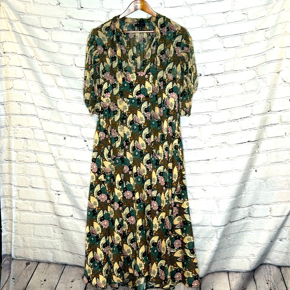 Topshop Green Purple Floral Short Sleeve Midi Dress Size 8 Excellent Condition
